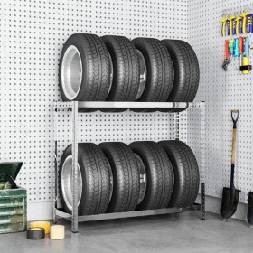 Estantería de neumáticos de 2 niveles acero plata 110x40x110 cm