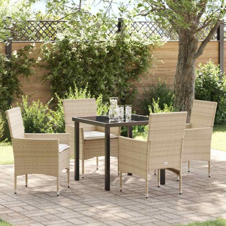 Conjunto de Comedor de Jardín con cojín 5 pcs Beige Poliratán