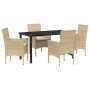 Conjunto de Comedor de Jardín con cojín 5 pcs Beige Poliratán