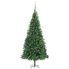 Árbol de Navidad preiluminado con luces y bolas verde 300 cm