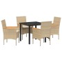 Conjunto de Comedor de Jardín con cojín 5 pcs Beige Poliratán