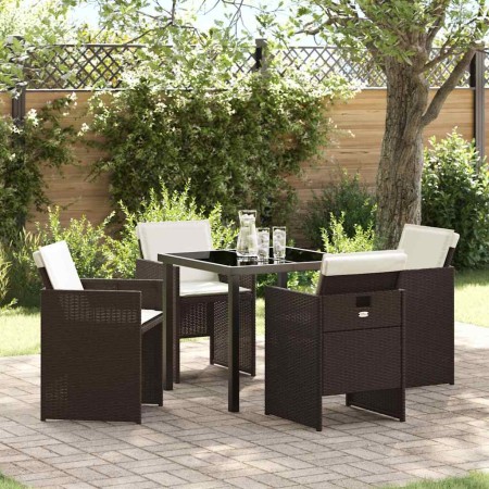 Conjunto de Comedor de Jardín con cojín 5 pcs Marrón Poliratán