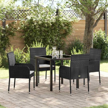 Conjunto de Comedor de Jardín con cojín 5 pcs Negro Poliratán