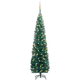 Árbol Navidad artificial estrecho con LEDs y bolas verde 210 cm