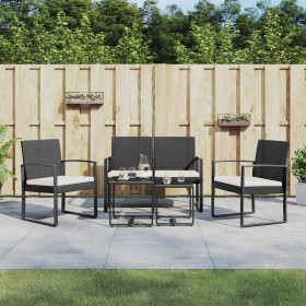 Set comedor de jardín 5 pzas con cojines PP aspecto ratán negro