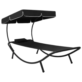 Garden lounger with awning and black cushion by vidaXL, Loungers - Ref: Foro24-313533, Price: 91,52 €, Discount: %