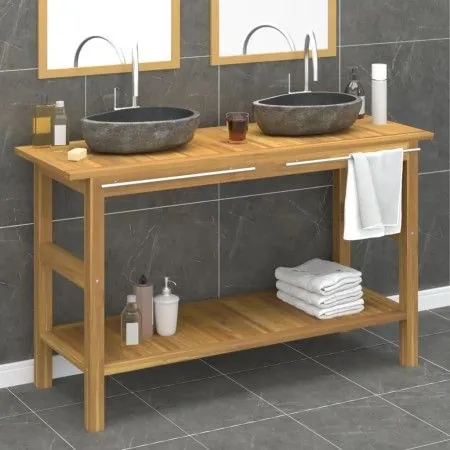 Badezimmerschrank mit Waschbecken aus Flussstein und massivem Teakholz. von vidaXL, Badezimmerwaschtische - Ref: Foro24-30965...