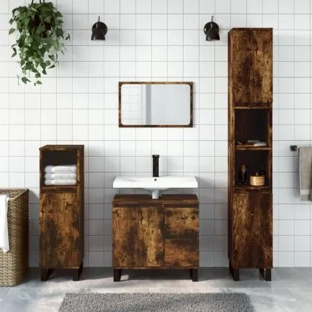 3-teiliges Badezimmermöbel-Set aus geräuchertem Eichensperrholz von vidaXL, Badezimmermöbel - Ref: Foro24-3190234, Preis: 196...