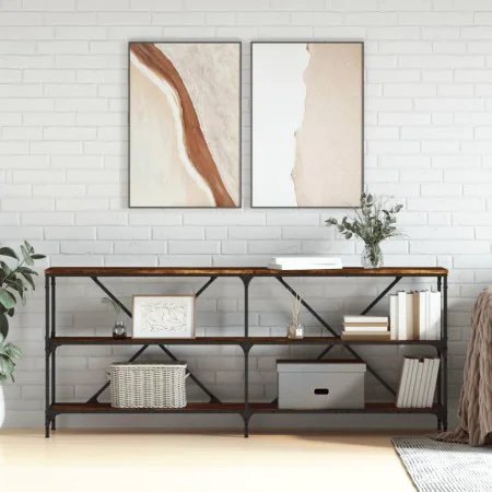 Console table iron wood engineered smoked oak 180x30x75cm by vidaXL, Side tables - Ref: Foro24-832855, Price: 80,86 €, Discou...