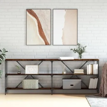 Console table iron wood engineered smoked oak 200x30x75cm by vidaXL, Side tables - Ref: Foro24-832860, Price: 87,52 €, Discou...