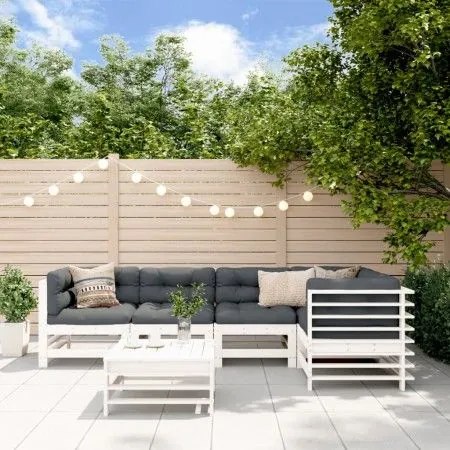 6-teiliges Gartenmöbel-Set und weiße Massivholzkissen von vidaXL, Gartensets - Ref: Foro24-3186005, Preis: 612,53 €, Rabatt: %