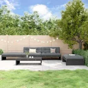 Gartenmöbel-Set 5-teilig und Kissen aus massivem Holz schwarz von vidaXL, Gartensets - Ref: Foro24-3186148, Preis: 957,39 €, ...