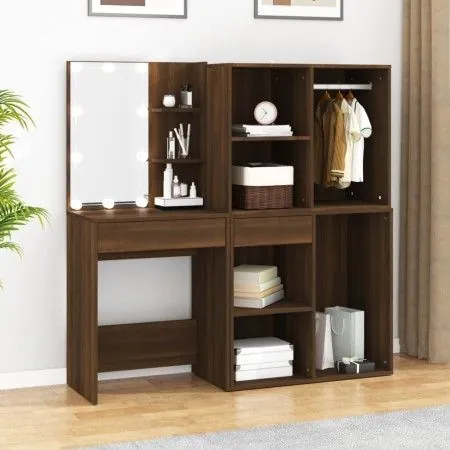 Schminktisch mit LED und eichenbraunem Sperrholzschrank von vidaXL, Schlafzimmerkommoden - Ref: Foro24-3120190, Preis: 212,38...