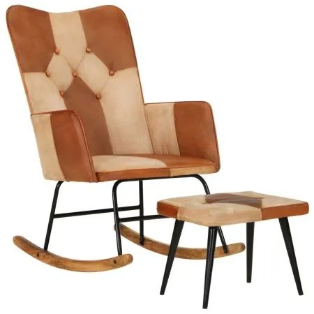 Rocking chair with stool genuine leather and brown canvas by vidaXL, Rocking chairs - Ref: Foro24-339707, Price: 123,93 €, Di...