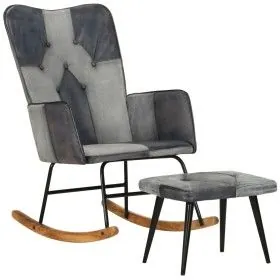 Rocking chair with stool genuine leather and gray canvas by vidaXL, Rocking chairs - Ref: Foro24-339709, Price: 128,67 €, Dis...