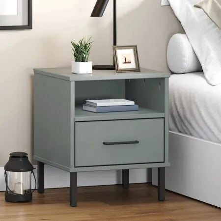 Mesita de noche patas de metal madera maciza pino gris OSLO de vidaXL, Mesitas de noche - Ref: Foro24-350971, Precio: 62,40 €...