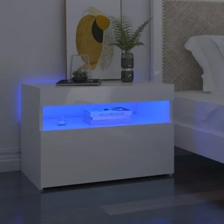 Nachttisch mit LED aus glänzend weißem Sperrholz, 60 x 35 x 40 cm von vidaXL, Nachttische - Ref: Foro24-3082786, Preis: 48,51...