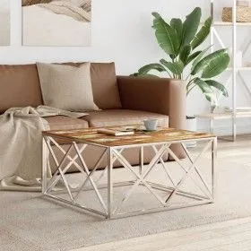 Mesa de centro acero inoxidable y madera reciclada plateada de vidaXL, Mesas de centro - Ref: Foro24-349976, Precio: 92,90 €,...