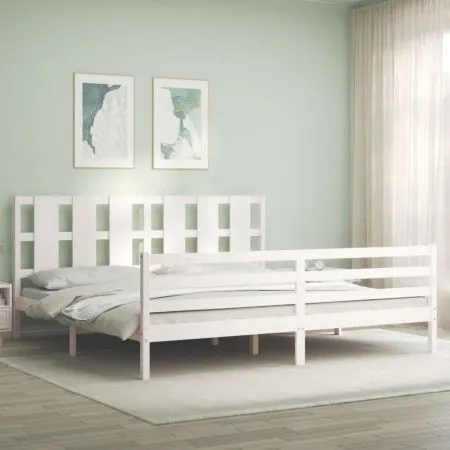 Double bed frame with white solid wood headboard by vidaXL, Beds and slatted bases - Ref: Foro24-3194132, Price: 162,32 €, Di...
