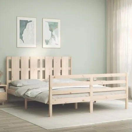 Double bed frame with solid wood headboard by vidaXL, Beds and slatted bases - Ref: Foro24-3194121, Price: 154,59 €, Discount: %