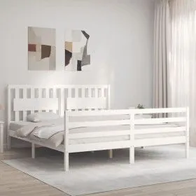 Double bed frame with white solid wood headboard by vidaXL, Beds and slatted bases - Ref: Foro24-3194327, Price: 176,56 €, Di...