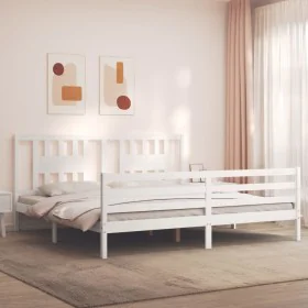 Double bed frame with white solid wood headboard by vidaXL, Beds and slatted bases - Ref: Foro24-3194587, Price: 157,81 €, Di...