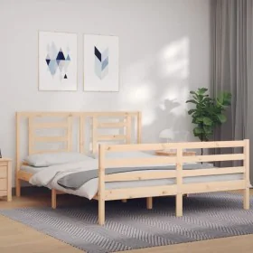Double bed frame with solid wood headboard by vidaXL, Beds and slatted bases - Ref: Foro24-3194706, Price: 142,89 €, Discount: %