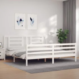 Double bed frame with white solid wood headboard by vidaXL, Beds and slatted bases - Ref: Foro24-3194717, Price: 151,15 €, Di...