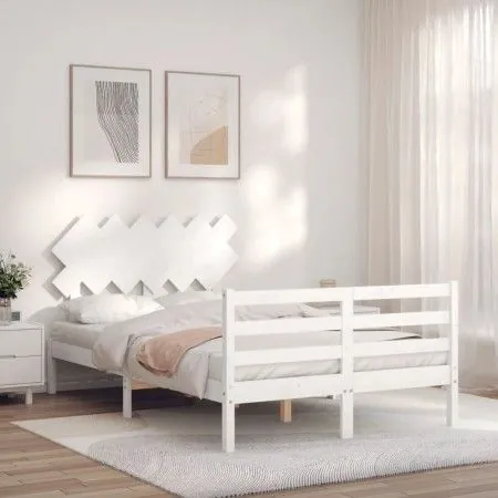 Double bed frame with white solid wood headboard by vidaXL, Beds and slatted bases - Ref: Foro24-3195262, Price: 134,81 €, Di...