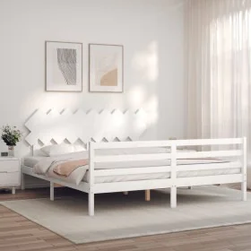 Double bed frame with white solid wood headboard by vidaXL, Beds and slatted bases - Ref: Foro24-3195302, Price: 151,65 €, Di...