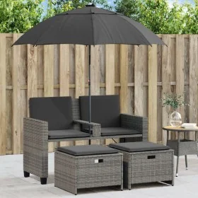 Sofá jardín 2 plazas con sombrilla y taburetes ratán PE gris von , Outdoor-Sofas - Ref: Foro24-365885, Preis: 246,05 €, Rabat...