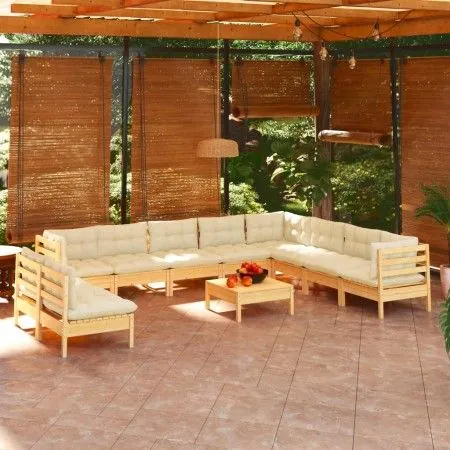 Muebles de jardín 11 pzas y cojines madera maciza de pino crema de vidaXL, Conjuntos de jardín - Ref: Foro24-3096845, Precio:...