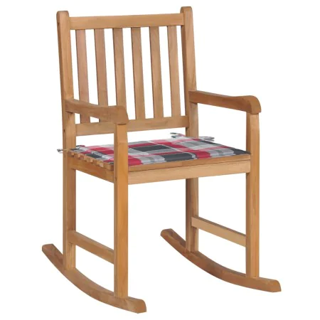 Schaukelstuhl aus massivem Teakholz mit rot kariertem Kissen von , Gartenstühle - Ref: Foro24-3062770, Preis: 161,14 €, Rabat...