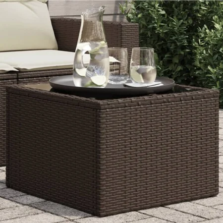 Mesa de jardín superficie cristal ratán PE marrón 55x55x37 cm de , Mesas de jardín - Ref: Foro24-366207, Precio: 59,91 €, Des...