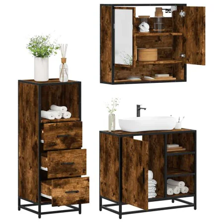 Set de muebles baño 3 pzas madera contrachapada roble ahumado de , Muebles de baño - Ref: Foro24-3301057, Precio: 233,53 €, D...