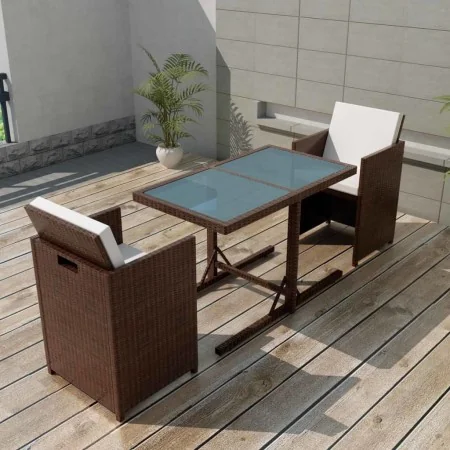 Mesa y sillas bistró jardín 3 pzas y cojines poli ratán marrón von , Gartensets - Ref: Foro24-42540, Preis: 271,52 €, Rabatt: %