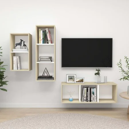 Muebles de salón 3 pzas madera ingeniería blanco y roble Sonoma by , TV Furniture - Ref: Foro24-3079633, Price: 135,01 €, Dis...