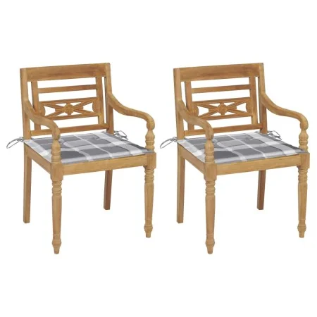 Batavia Stühle, 2 Stück massives Teakholz mit grau karierten Kissen. von , Gartenstühle - Ref: Foro24-3062141, Preis: 247,54 ...