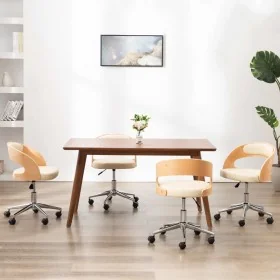 Drehstühle für Esszimmer, 4 Stück, gebogene Holzstruktur, cremefarbenes Leder. von , Essstühle - Ref: Foro24-3054915, Preis: ...