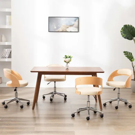 Drehstühle für Esszimmer, 4 Stück, gebogene Holzstruktur, cremefarbenes Leder. von , Essstühle - Ref: Foro24-3054915, Preis: ...