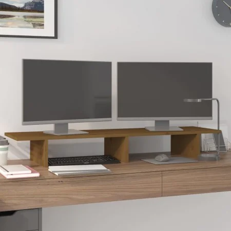 Solid pine wood monitor stand in honey brown color, 100x27x15 cm by , Computer bases and risers - Ref: Foro24-813982, Price: ...