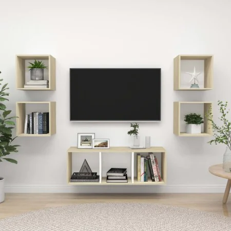 Muebles de salón 5 pzas madera ingeniería blanco y roble Sonoma de , Muebles TV - Ref: Foro24-3079615, Precio: 142,37 €, Desc...