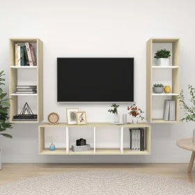 Muebles de salón 3 pzas madera ingeniería blanco y roble Sonoma de , Muebles TV - Ref: Foro24-3079750, Precio: 161,78 €, Desc...