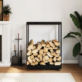 Holzregal mit Rädern aus massiver schwarzer Kiefer 76,5x40x108 cm von , Brennholztaschen und -halter - Ref: Foro24-833334, Pr...