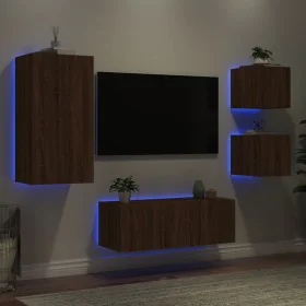 TV wall unit with LED lights, 5 pieces, engineered wood, brown oak. by , TV Furniture - Ref: Foro24-3216831, Price: 182,73 €,...