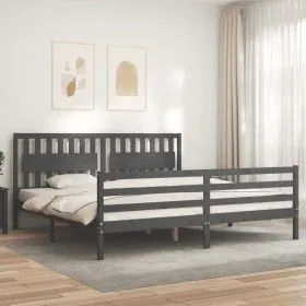 Gray solid wood bed frame with headboard 200x200 cm by vidaXL, Beds and slatted bases - Ref: Foro24-3194333, Price: 185,32 €,...