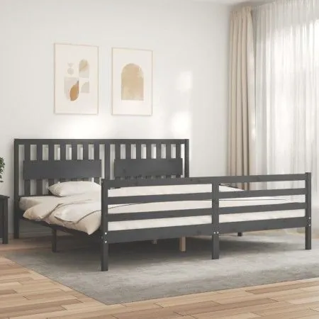 Gray solid wood bed frame with headboard 200x200 cm by vidaXL, Beds and slatted bases - Ref: Foro24-3194333, Price: 185,32 €,...