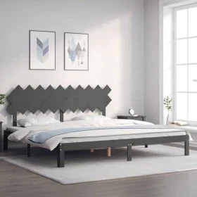 Gray solid wood bed frame with headboard 200x200 cm by vidaXL, Beds and slatted bases - Ref: Foro24-3193748, Price: 176,16 €,...