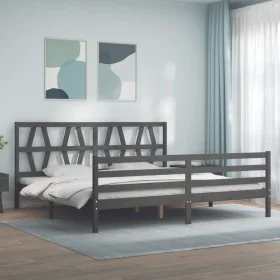 Gray solid wood bed frame with headboard 200x200 cm by vidaXL, Beds and slatted bases - Ref: Foro24-3194398, Price: 172,09 €,...