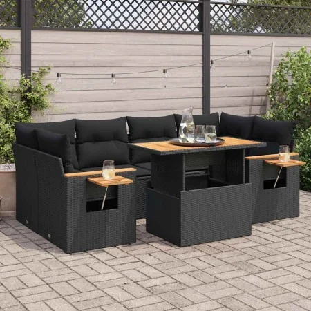 Set sofás jardín y cojines 7 pzas ratán sintético acacia negro by , Garden sets - Ref: Foro24-3327562, Price: 537,75 €, Disco...